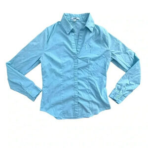 Women's Size Small Long Sleeve Button Down Shirt Blouse Blue business casual